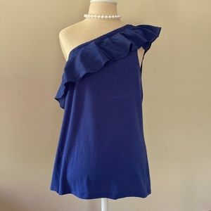 Elisabeth Hasselbeck Navy One Shoulder Top with Ruffle L